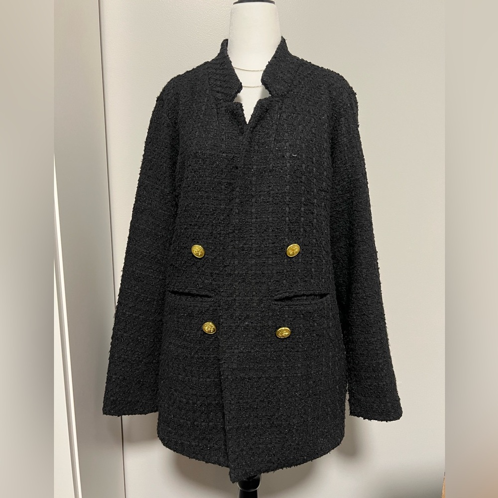 Elegant Black Tweed Women's Coat XXL
